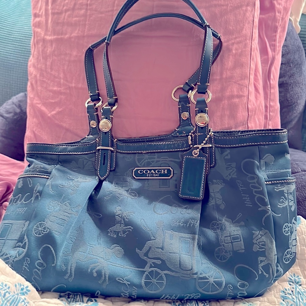 Coach Gallery Tote Horse & Carriage Teal/Silver Satchel Bag